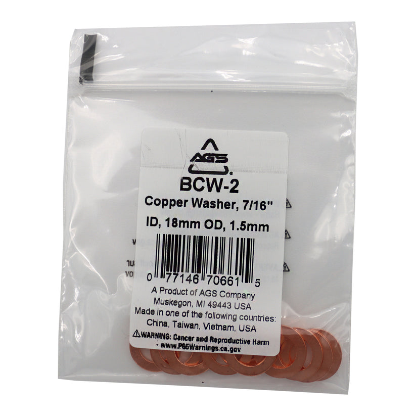 Copper Washers, 7/16" ID, 11/16" OD, Bag of 10
