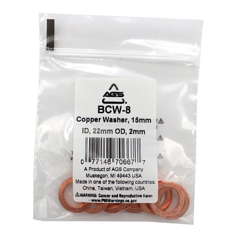 Copper Washers, 15mm ID, 22mm OD, Bag of 10