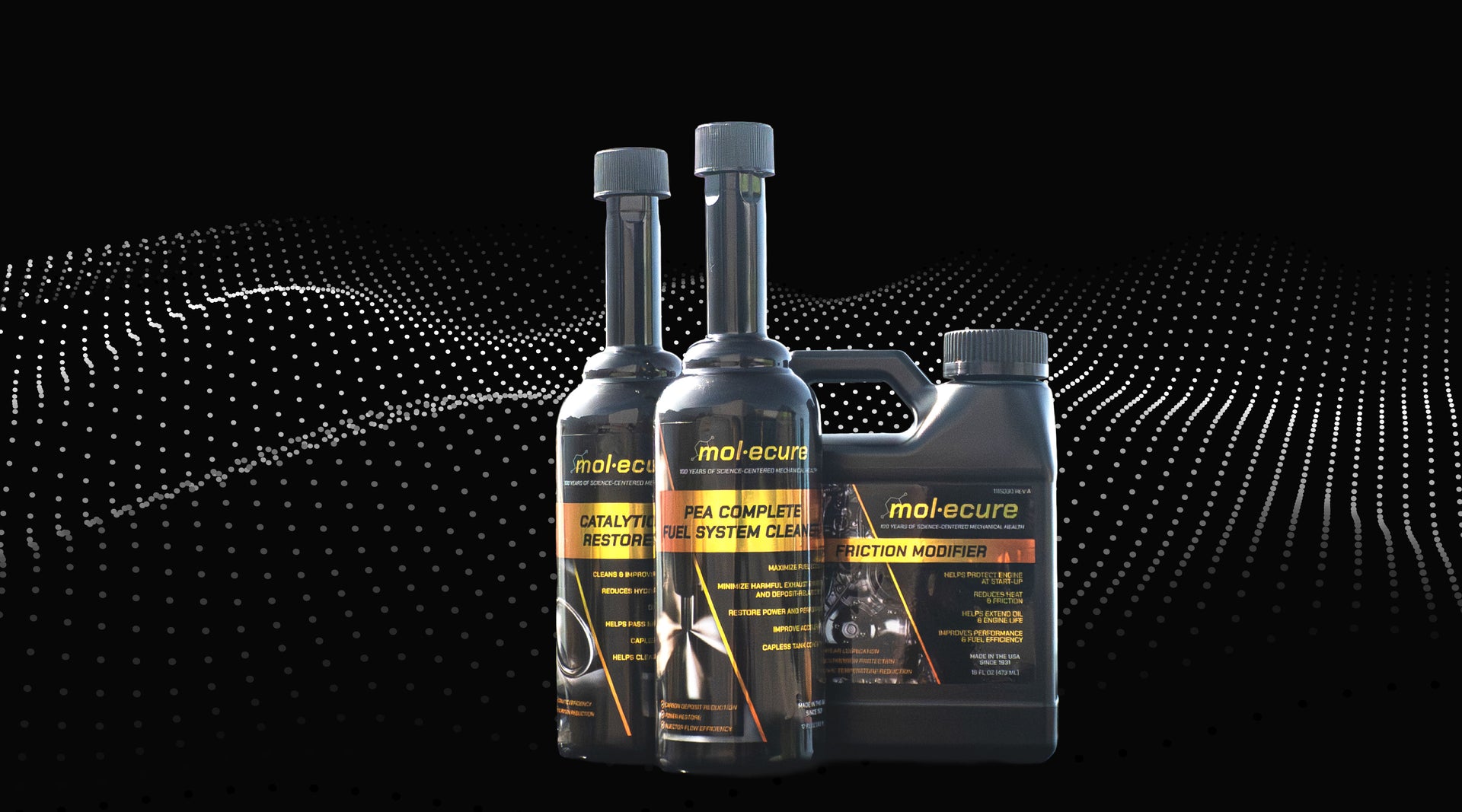 Bottles of Molecure™ Catalytic Restore Emission Treatment, automotive products, on a dark background.