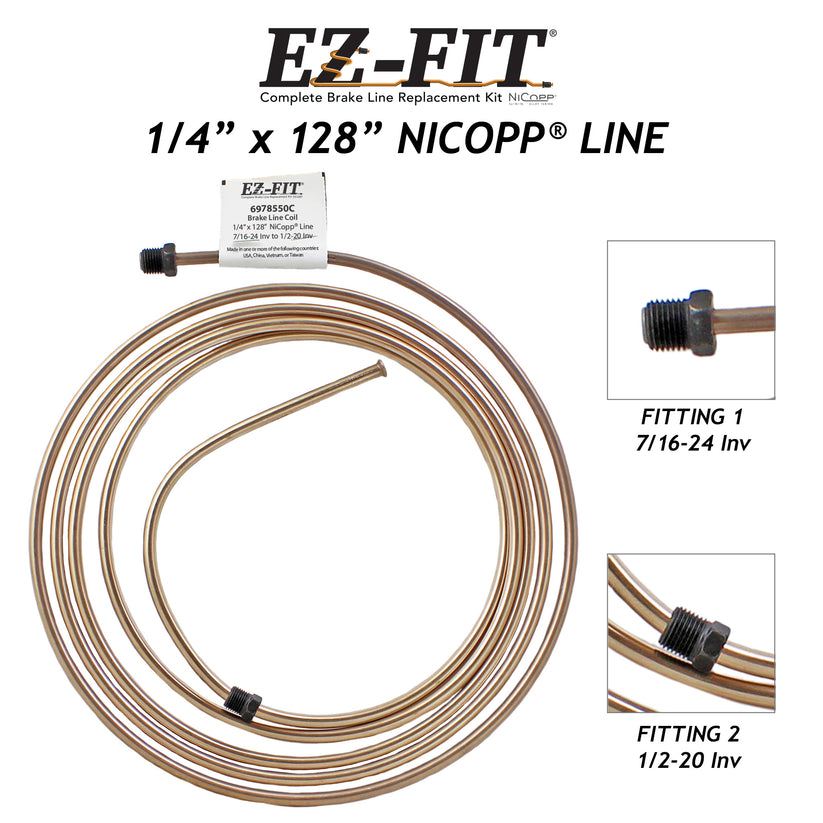 EZ-Fit Nickel Copper Brake Line - 1/4" x 128", (7/16-24 I)(1/2-20 I)