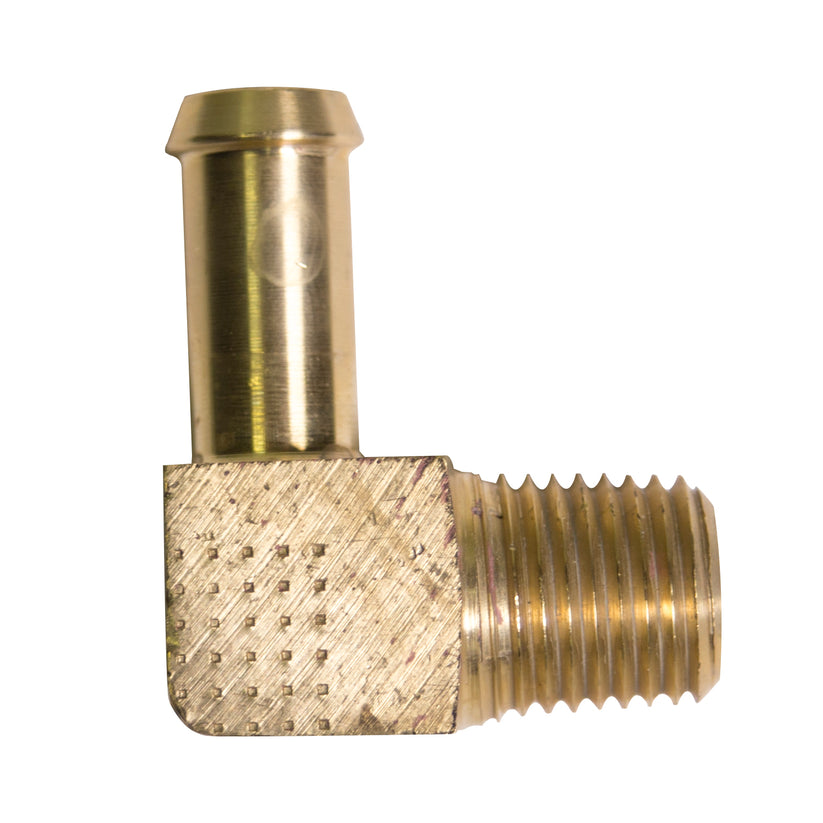 Brass 90 Degree Fuel Elbow, 3/8" Hose, Male (1/4-18 NPT)